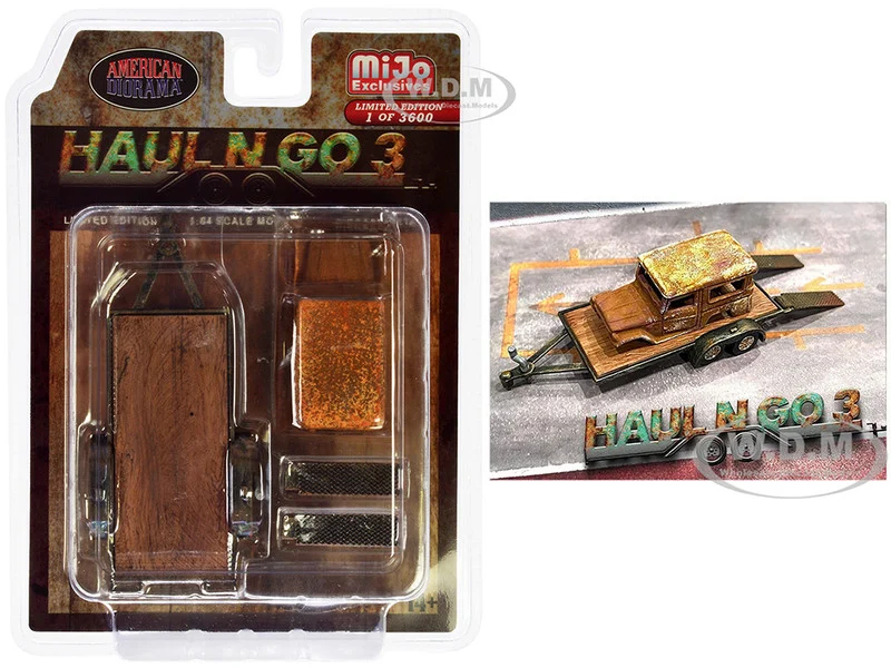 "Haul N Go 3" 4 piece Diecast Model Set (1 Flatbed Trailer, 1 Abandoned Car, 2 Ramps) Limited Edition to 3600 pieces Worldwide for 1/64 Scale Models by American Diorama - Accessories