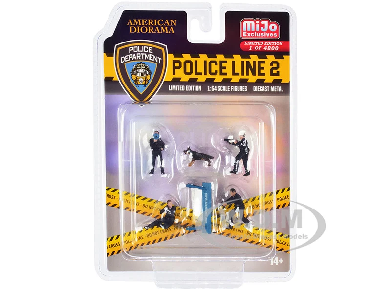 "Police Line 2" 6 piece Diecast Set (4 Police Figures, 1 Dog Figure and 1 Accessory) Limited Edition to 4800 pieces Worldwide for 1/64 Scale Models by American Diorama - Police Models