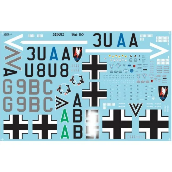 AIMS 32D012 1/32 Stab Messerschmitt Bf-110s Decals