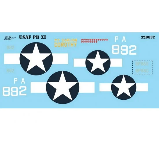 AIMS 32D032 Decals for 1/32 USAF Spitfire PR XI for AIMS Conversion set #32P027 - Model Planes