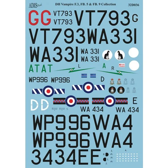 AIMS 32D036 1/32 de Havilland Vampire F.3, FB.5, FB.9 Decals Collection for Infinity models - Model Planes