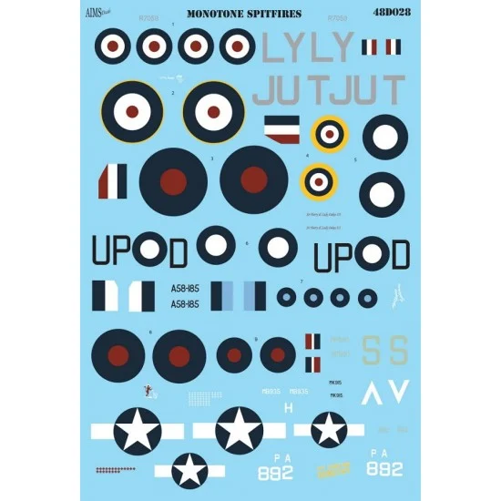 AIMS 48D028 Decals for 1/48 Monotone Spitfires - Model Planes