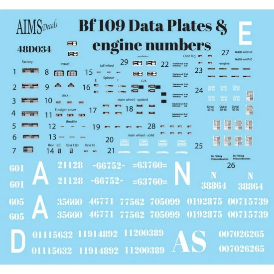 AIMS 48D034 Decals for 1/48 Messerschmitt Bf 109 Data Plates and Engine Numbers - Model Planes