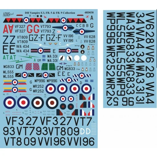 AIMS 48D038 1/48 de Havilland Vampire F.3 FB.5 and FB.9 Decals Collection - Model Planes