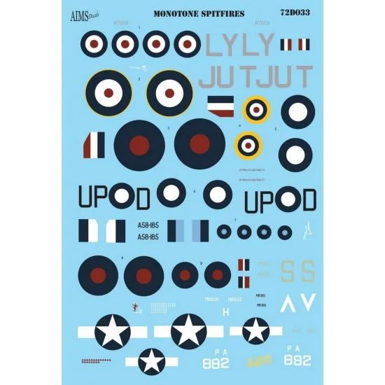 AIMS 72D033 Decals for 1/72 Monotone Supermarine Spitfires Pr.Mk.IV, Pr Mk.IX, PR Mk.IG, Mk.Vc, Mk.Vb - Model Planes