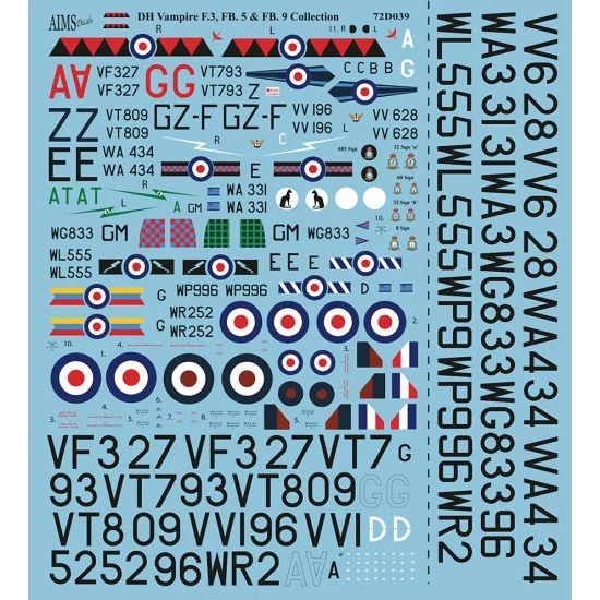 AIMS 72D039 1/72 de Havilland Vampire F.3, FB.5, FB.9 Decals Collection - Model Planes