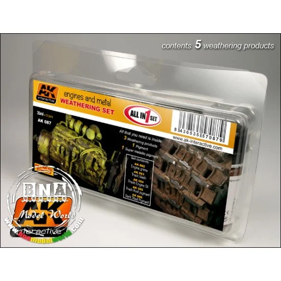 AK Interactive AK-087 Engines and Metal Weathering Set (3x 35ml Enamel Colours, 2x Pigments)