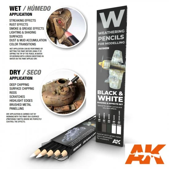 AK Interactive AK-10039 Weathering Semi Grease Water Pencils Set - Black and White (5pcs)