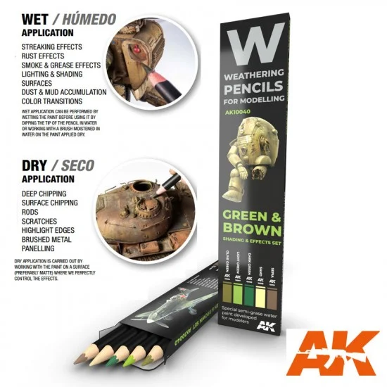 AK Interactive AK-10040 Weathering Semi Grease Water Pencils Set - Green and Brown Camouflages (5pcs)