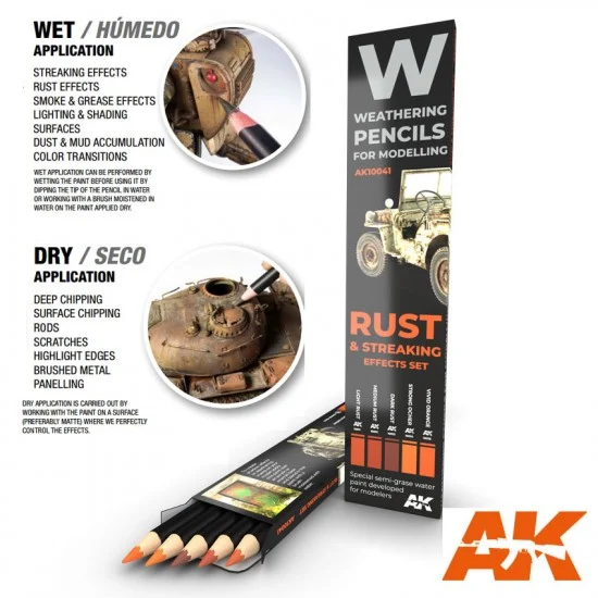 AK Interactive AK-10041 Weathering Semi Grease Water Pencils Set - Rust and Streaking (5pcs)
