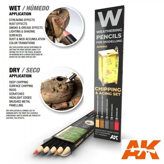 AK Interactive AK-10042 Weathering Semi Grease Water Pencils Set - Chipping (5pcs)