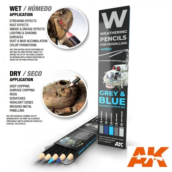 AK Interactive AK-10043 Weathering Semi Grease Water Pencils Set - Grey and Blue Camouflages (5pcs)