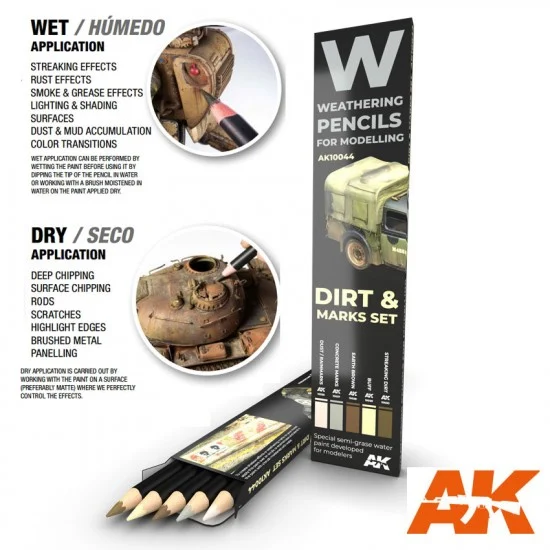 AK Interactive AK-10044 Weathering Semi Grease Water Pencils Set - Splashes, Dirt and Stains (5pcs)