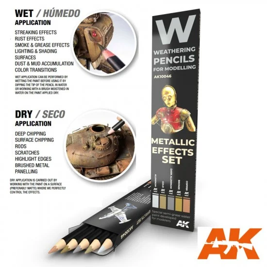 AK Interactive AK-10046 Weathering Semi Grease Water Pencils Set - Metallics (5pcs)