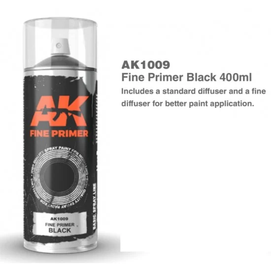 AK Interactive AK-1009 Fine Primer Black Spray (400ml) w/Standard & Fine Diffusers