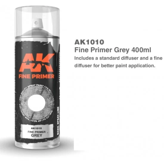 AK Interactive AK-1010 Fine Primer Grey Spray (400ml) w/Standard & Fine Diffusers