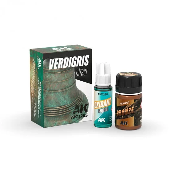 AK Interactive AK-11265 Verdigris Effect Set: Bronze (35ml, acrylic) and Oxidizing Agent (18ml)