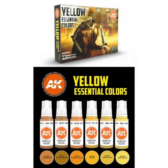 AK Interactive AK-11615 Acrylic Paint (3rd Generation) Set - Yellow Essential Colours (6x 17ml)