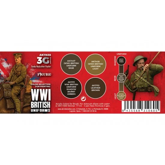AK Interactive AK-11638 Acrylic Paint (3rd Generation) Set for Figures - WWI British Uniforms 3G (4x 17ml)