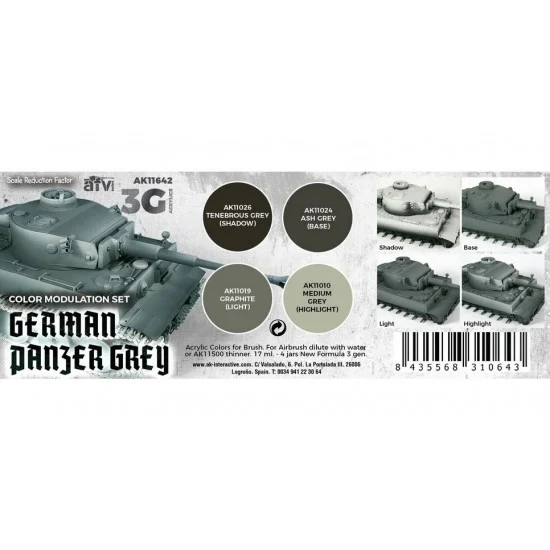 AK Interactive AK-11642 Acrylic Paint (3rd Generation) Set for AFV - Modulation German Panzer Grey 3G (4x 17ml)