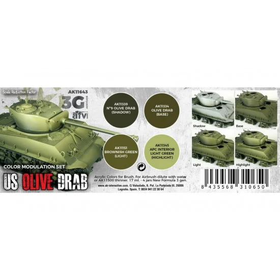 AK Interactive AK-11643 Acrylic Paint (3rd Generation) Set for AFV - Modulation US Olive Drab 3G (4x 17ml)