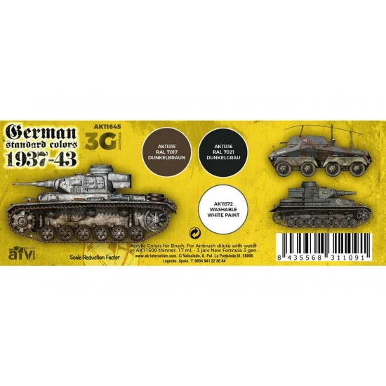 AK Interactive AK-11645 Acrylic Paint (3rd Generation) Set for AFV - German Standard 37-44 Combo 3G (3x 17ml)