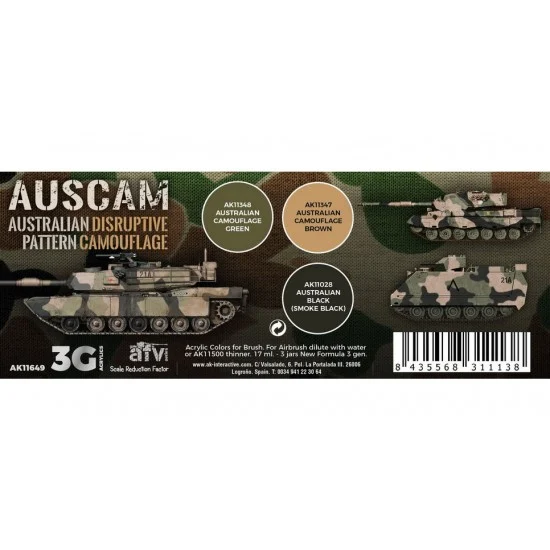 AK Interactive AK-11649 Acrylic Paint (3rd Generation) Set for AFV - Auscam Colours Set 3G (3x 17ml)