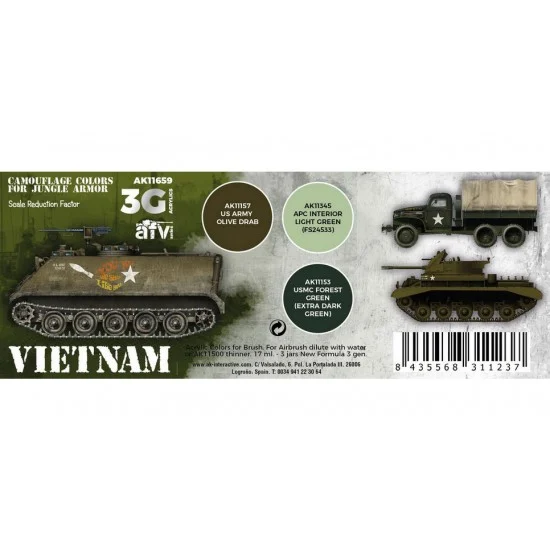 AK Interactive AK-11659 Acrylic Paint (3rd Generation) Set for AFV - Vietnam Colours 3G (3x 17ml)