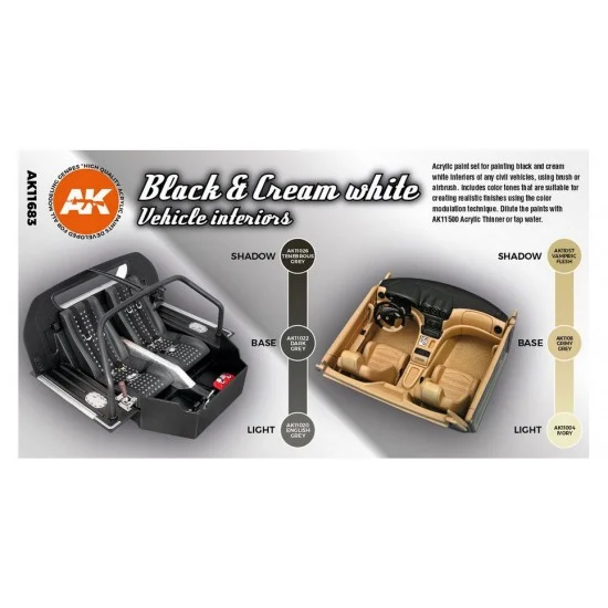 AK Interactive AK-11683 Acrylic Paint (3rd Generation) Set for Civil - Black Interior and Cream White (6x 17ml)