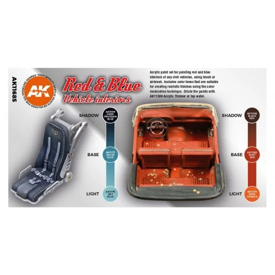 AK Interactive AK-11685 Acrylic Paint (3rd Generation) Set for Civil - Red and Blue Interior Colours (6x 17ml)