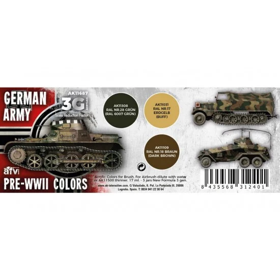 AK Interactive AK-11687 Acrylic Paint (3rd Generation) Set for AFV - German Army Pre-WWII Colours (3x 17ml)