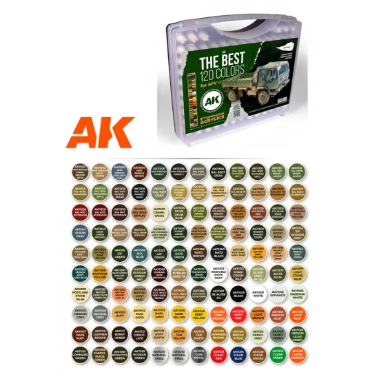 AK Interactive AK-11705 Plastic Briefcase w/3rd Generation Acrylics Paints #AFV Series (120 colours, 17ml each)