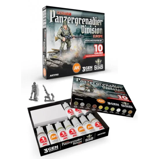 AK Interactive AK-11781 Wargame Starter Set German Panzergrenadier Division Europe (10 Acrylic Paints & 1 Figure)