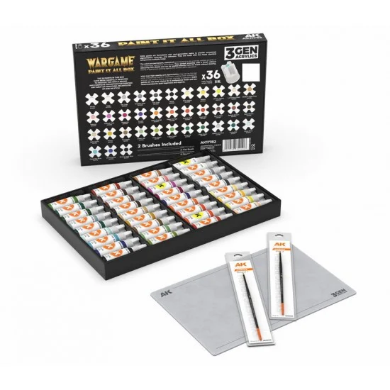 AK Interactive AK-11782 Wargame Paint It All Box (36 Acrylic 3Gen Colours, 2 brushes, 1 mat)