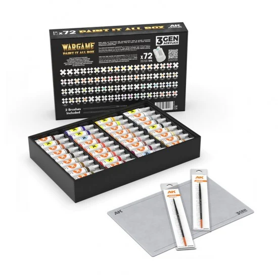 AK Interactive AK-11783 Wargame Paint It All Box (72 Acrylic 3Gen Colours, 2 brushes, 1 mat)
