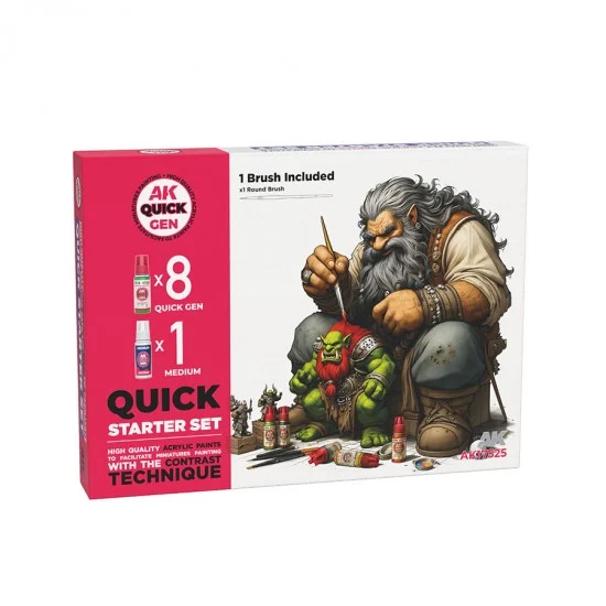 AK Interactive AK-17525 Acrylic Colour set for Contrast Painting - Quick Gen Starter set (8x 18ml and 1 Brush)