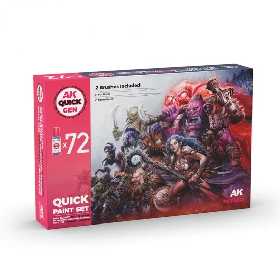 AK Interactive AK-17602 Acrylic Colour set for Contrast Painting - Quick Gen (72x 18ml and 2 brushes)