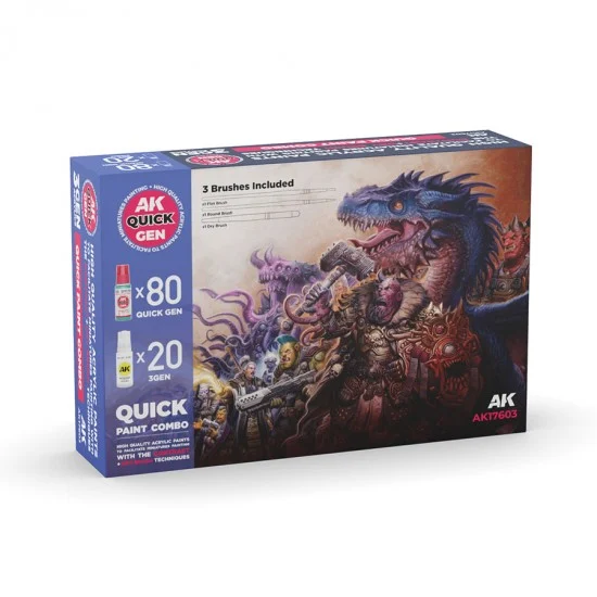 AK Interactive AK-17603 Acrylic Quick Paint Combo set - 80x Quick Gen, 20x 3Gen, 3x Brush (each bottle: 18ml)