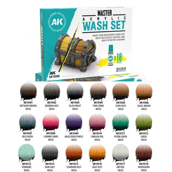 AK Interactive 19300 Master Acrylic Wash Set Full Range (18 Colours, 18ml per bottle) - Hobby & Model Paints