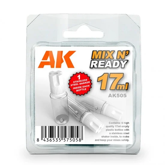 AK Interactive AK-505 Mix N’ Ready (6 empty bottles with steel ball, 17ml)