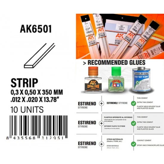 AK Interactive AK-6501 Styrene Strips 0.30 x 0.50 x 350mm (10pcs)