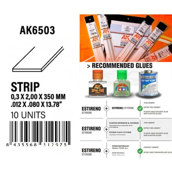 AK Interactive AK-6503 Styrene Strips 0.30 x 2.00 x 350mm (10pcs)