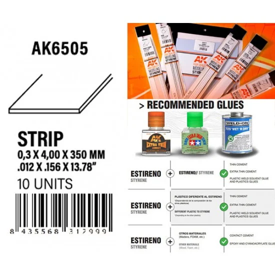 AK Interactive AK-6505 Styrene Strips 0.30 x 4.00 x 350mm (10pcs)
