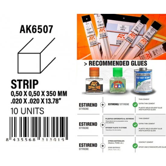 AK Interactive AK-6507 Styrene Strips 0.50 x 0.50 x 350mm (10pcs)