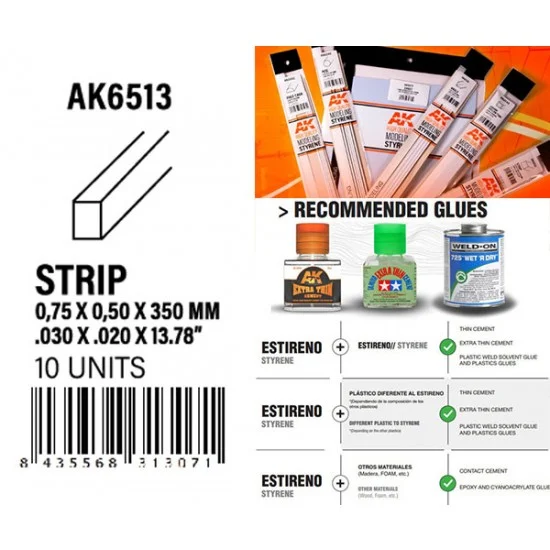 AK Interactive AK-6513 Styrene Strips 0.75 x 0.50 x 350mm (10pcs)