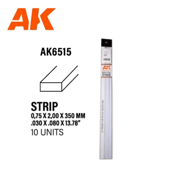 AK Interactive AK-6515 Styrene Strips 0.75 x 2.00 x 350mm (10pcs)