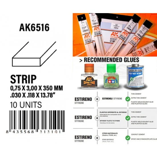 AK Interactive AK-6516 Styrene Strips 0.75 x 3.00 x 350mm (10pcs)