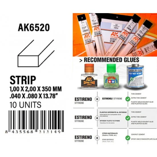 AK Interactive AK-6520 Styrene Strips 1.00 x 2.00 x 350mm (10pcs)