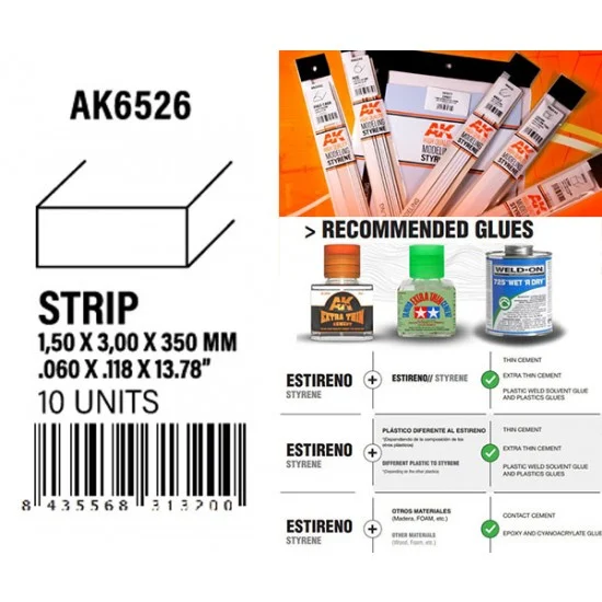 AK Interactive AK-6526 Styrene Strips 1.50 x 3.00 x 350mm (10pcs)