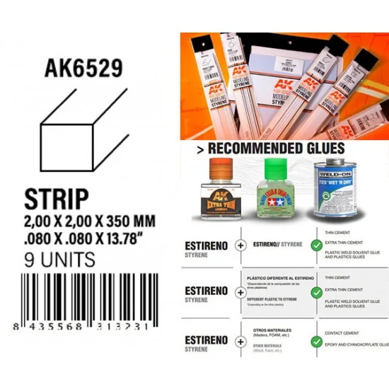 AK Interactive AK-6529 Styrene Strips 2.00 x 2.00 x 350mm (9pcs)